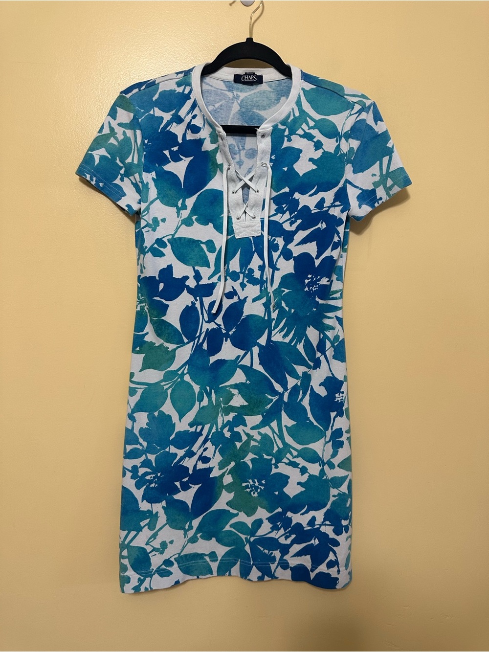 Chaps Short Sleeve T-shirt Dress Watercolor Botanical Lace Up Women M Blue